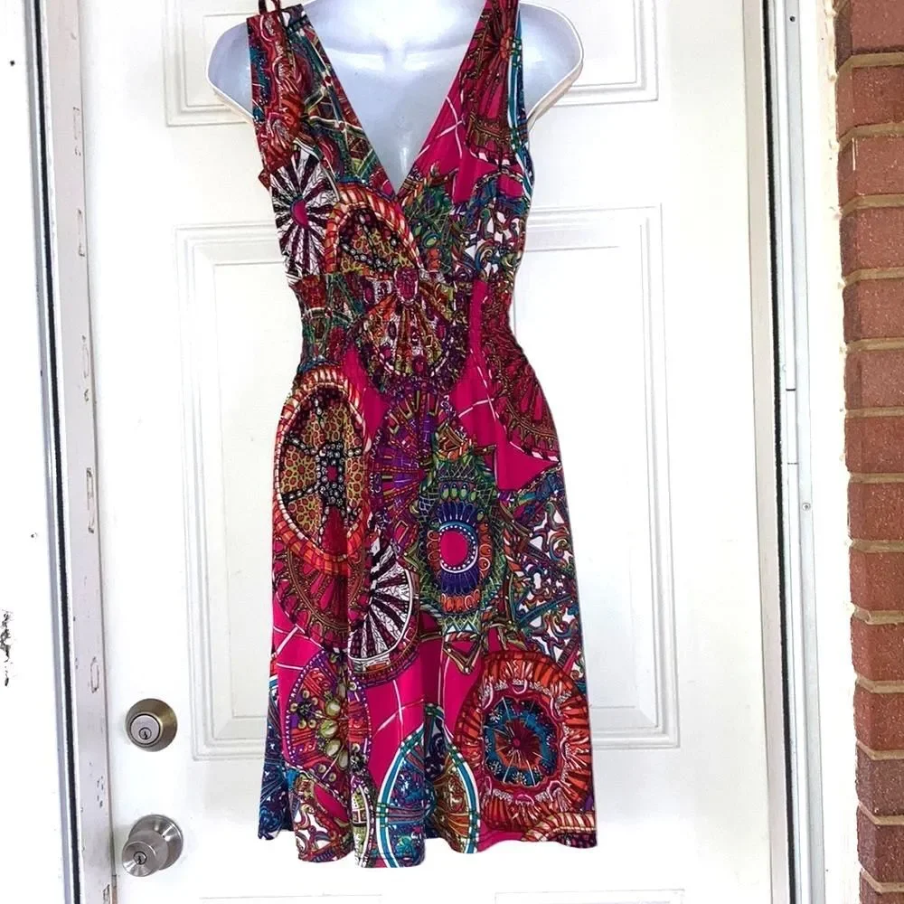 Floral Crossover Top Plunge Smock Waist Mini Dress Womens Small
